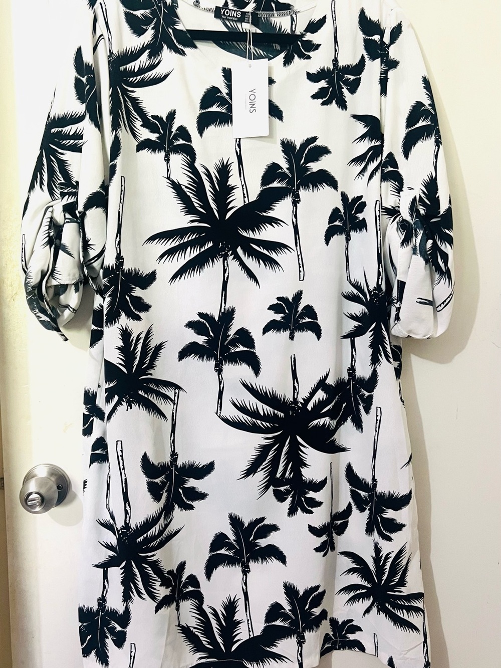 YOINS White Midi Dress with Black Palm Print